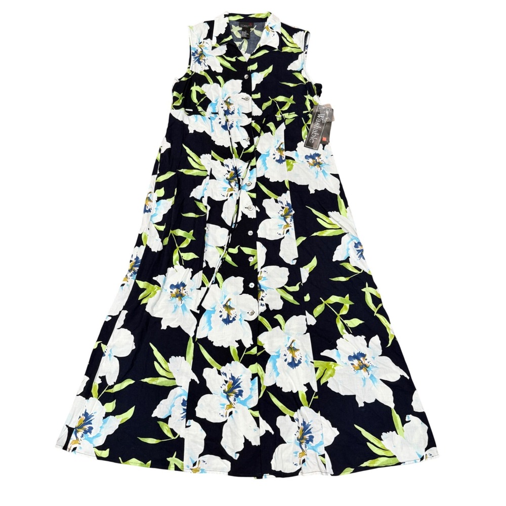 Scarlett Navy Blue Floral Maxi Dress Sleeveless Button Front Rayon Sz 18 Summer